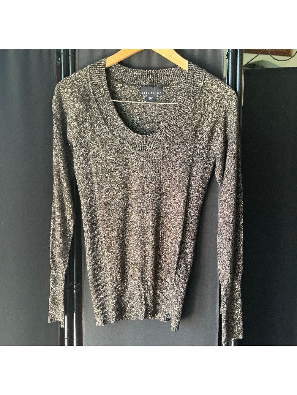 Black w/ Gold Metallic Thread Sweater by Attention Sz Small
